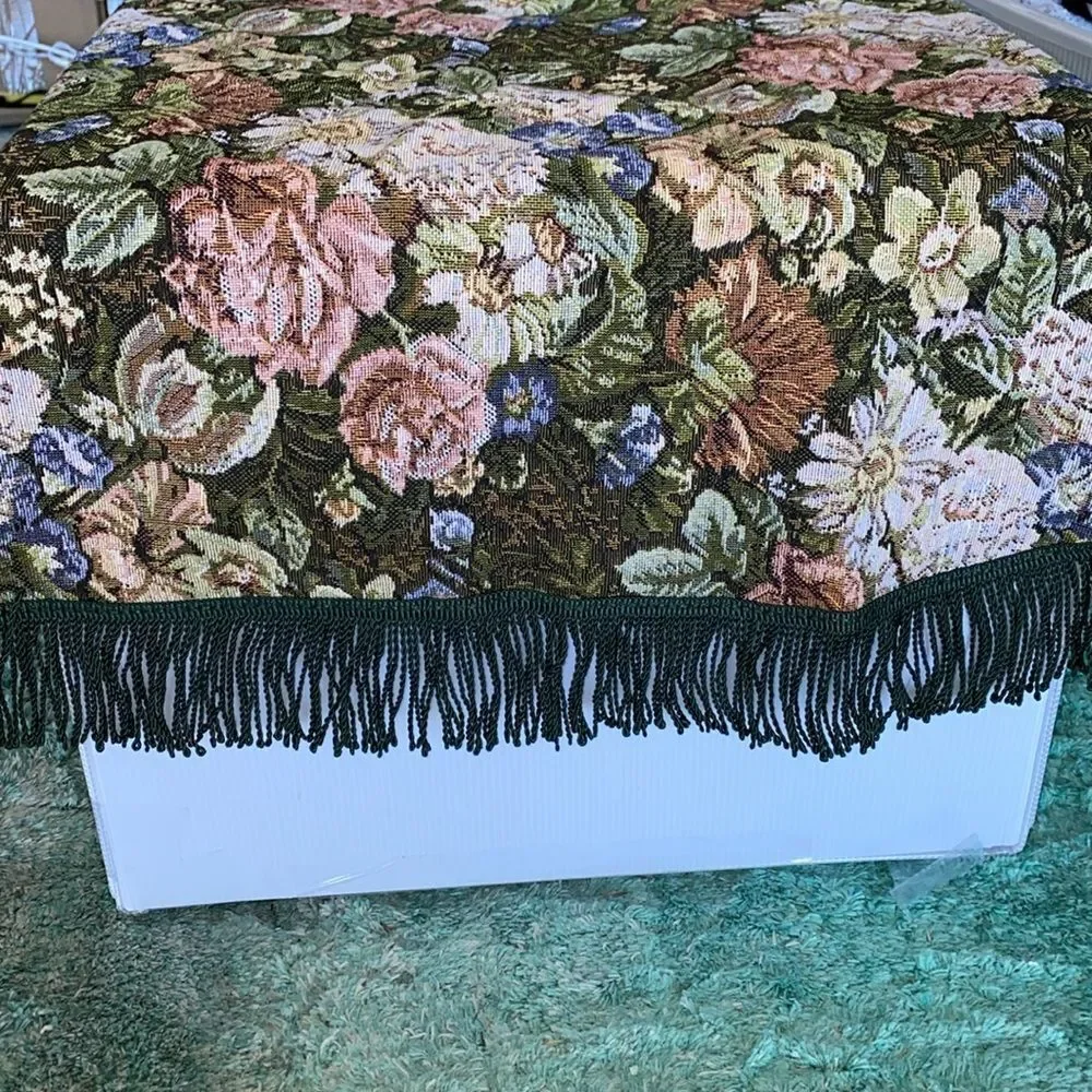 Vintage Square Floral Tapestry Table Doily Green Multi With Twisted Rope Fringe